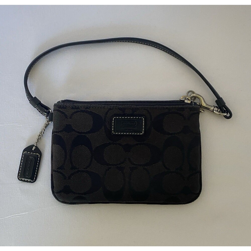 Coach Signature Brown Canvas Wristlet Zip Pouch Small Leather Trim